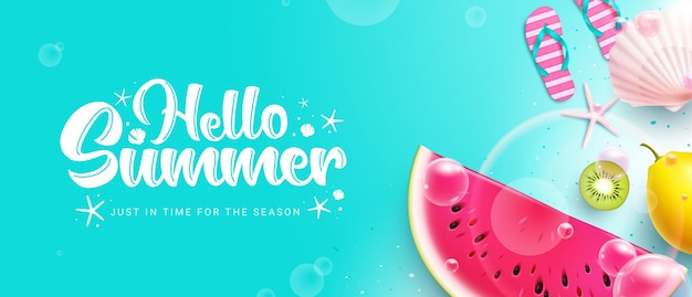 Hello summer vector background. Hello summer greeting text with fruits element like watermelon.