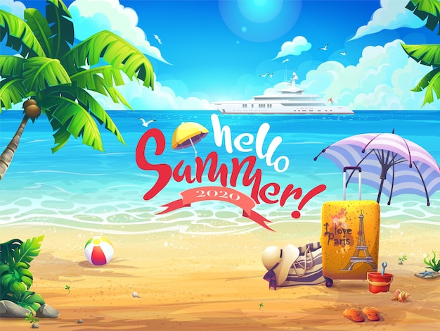 Hello summer vector background illustration beach and palm trees on the background of the sea and cruise liner.