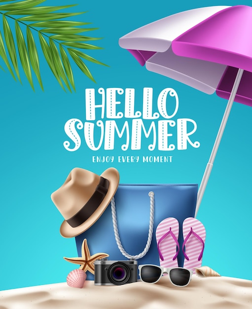 Hello summer vector background Summer beach elements and hello summer text in white sand seashore