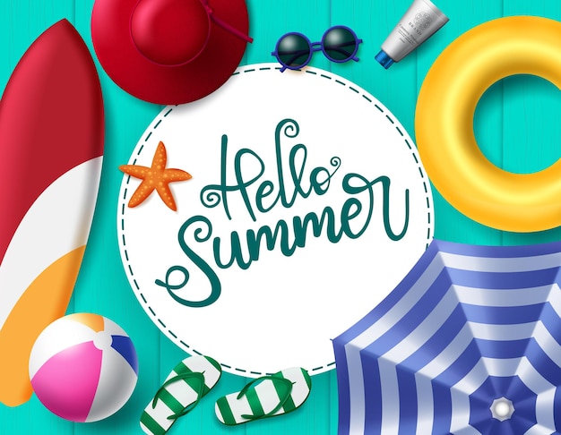 Hello summer vector background template Hello summer text with beach elements