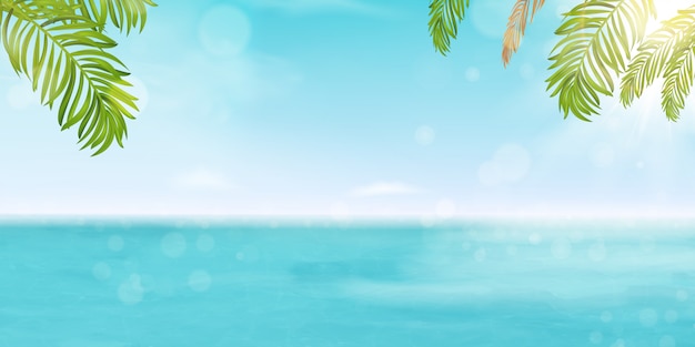 Hello summer vector banner design vacation concept. Poster Landscape Seashore Resort View with shiny ocean, sea water with bright sun, tropical Palm leaves.