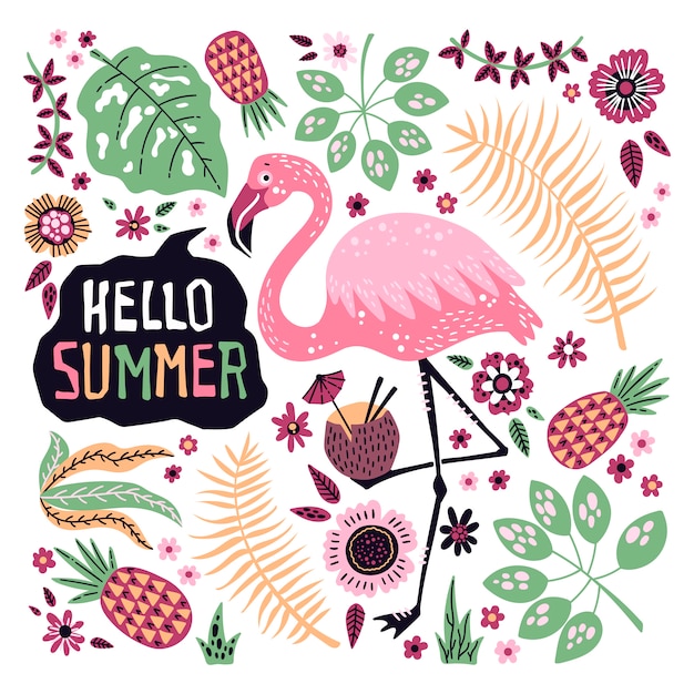 Hello Summer. Vector cute flamingo surrounded by tropical fruits, plants and flowers.