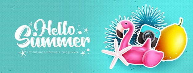 Hello summer vector design. Hello summer greeting text in empty space with beach elements.