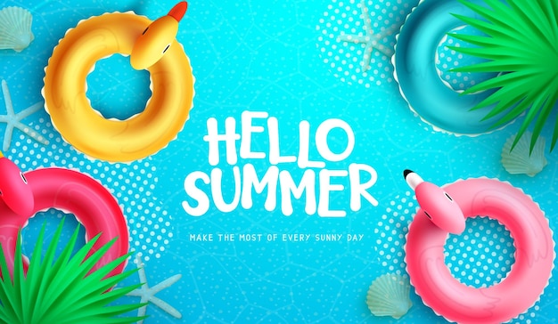 Hello summer vector design. Hello summer greeting text with inflatable duck, flamingo and bird float