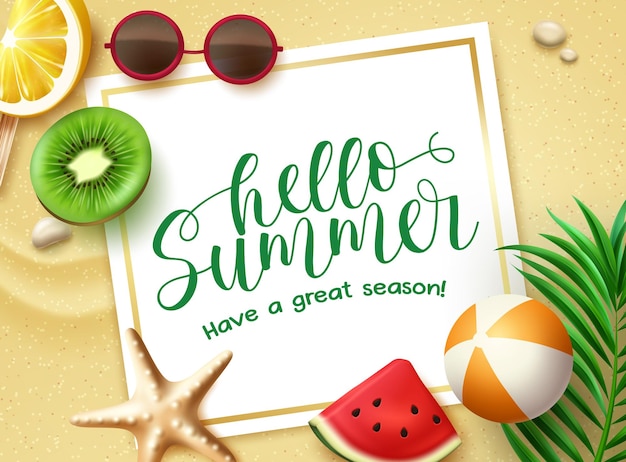 Hello summer vector template design Hello summer greeting text in white board space with fruits