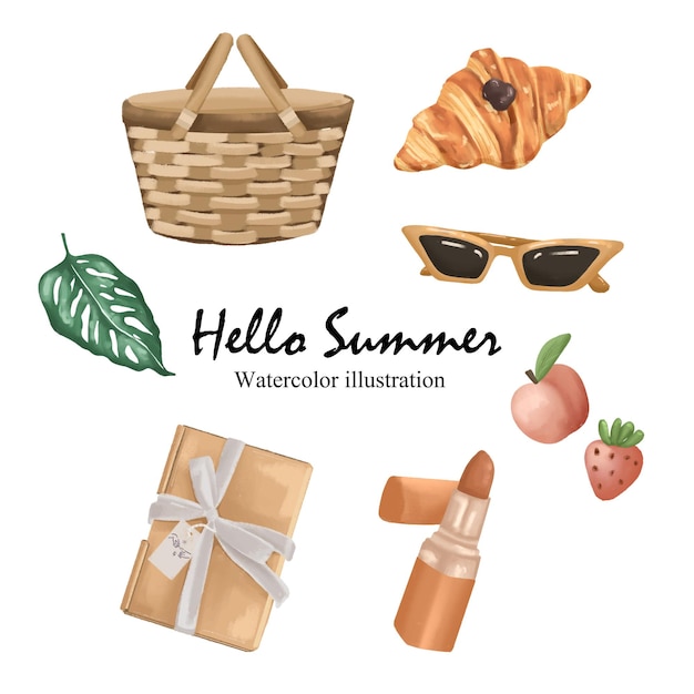 Hello summer watercolor summer decoration Vector illustration