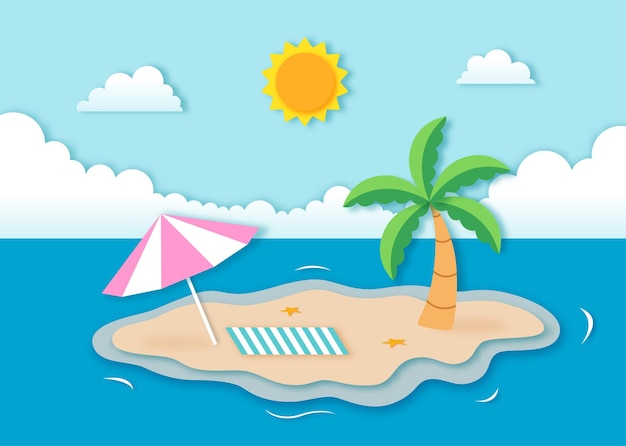 hello summer with beach landscape background paper art style