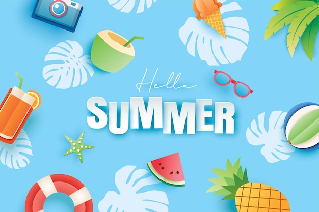 Hello summer with decoration on blue background Paper art and craft style