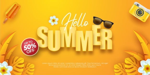 Hello summer with decoration on yellow background