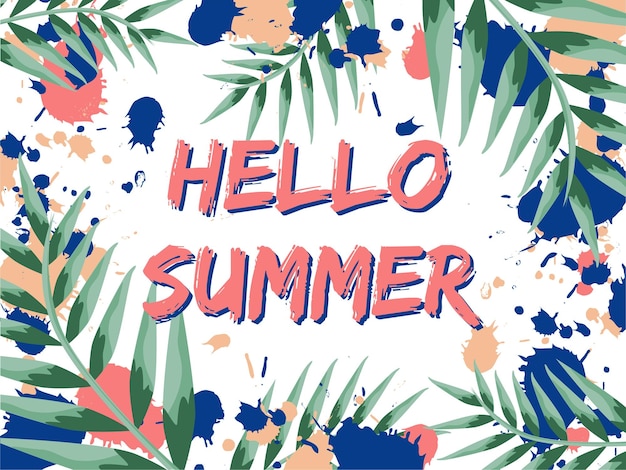 Hello summer with exotic leaves and watercolor splash