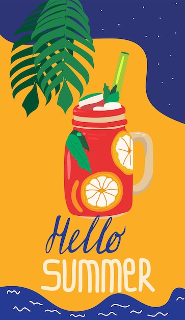 Vector hello summer with fresh cocktail vector illustration