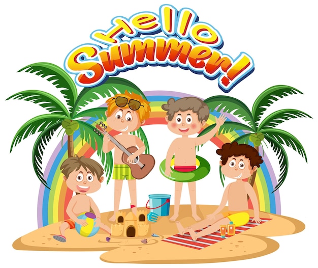 Hello summer word with kid character