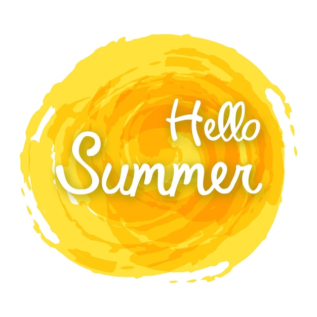 Hello summer on yellow watercolor spot Design element for invitation greeting card prints and posters Vector illustration