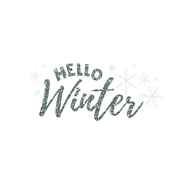 Hello Winter 2022. Brilliant glittering lettering with snowflakes on white background. Winter vector illustration.