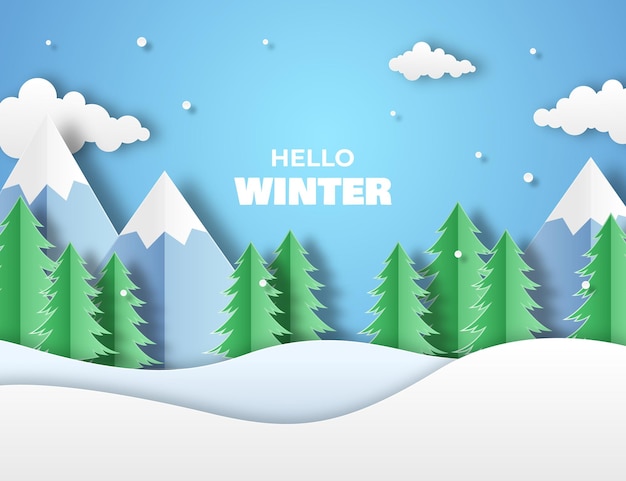 Hello winter background paper art style