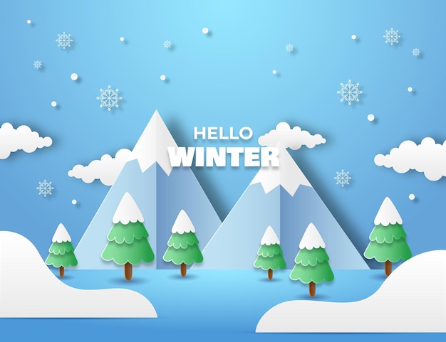 Hello winter background paper art style