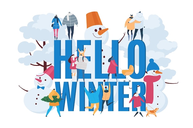 Hello winter background vector illustration Snow season sign banner man woman character in huge snowman and card text