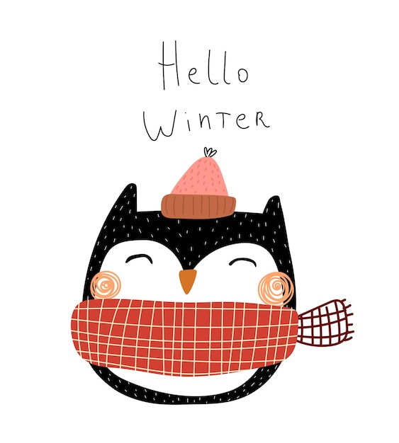 Hello winter. Cartoon owl, hand drawing lettering