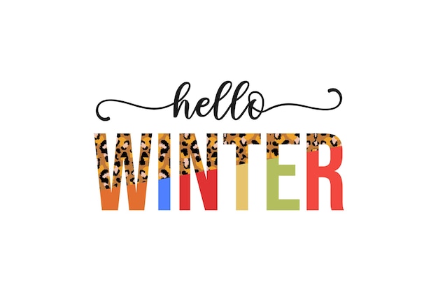 Hello Winter Christmas leopard Typography T Shirt Design with Pattern text