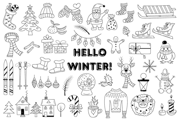 Hello winter doodle set. Hand drawn winter and Christmas elements.