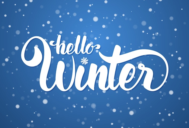 Hello Winter elegant modern brush lettering on blue snowflake background.