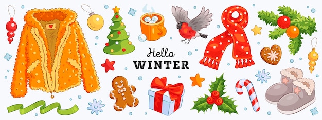 Hello winter and merry christmas hand drawn set