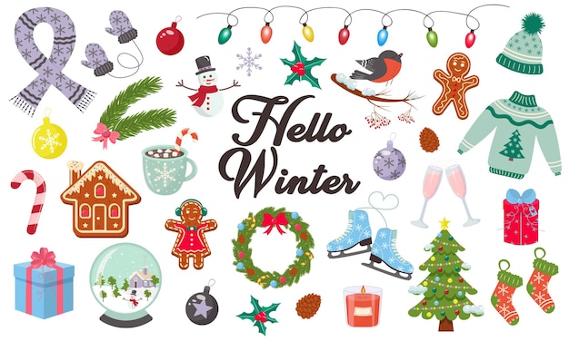 Hello winter and Merry Christmas set of elements