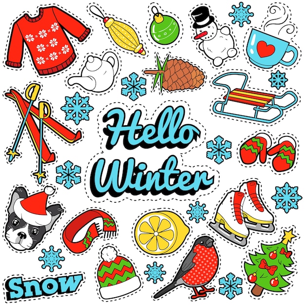 Vector hello winter stickers, badges, patches decoration set with snow, warm clothes and christmas tree.  doodle