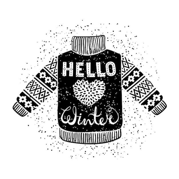 Hello winter text and knitted wool pullover with a heart. 