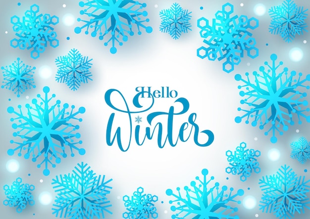 Hello winter vector background design Hello winter text with snow flakes element with white empty