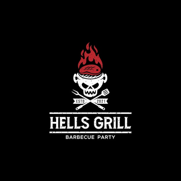 Hells grill skull barbecue party vintage logo premium vector