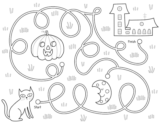 Help a black cat find path to the house. Black and white Halloween maze game for kids