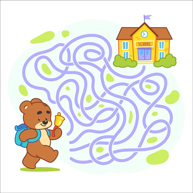 Help cute bear find the right path to school. Schoolboy with backpack walking to school through labyrinth. Maze game for kids. Day of knowledge illustration.