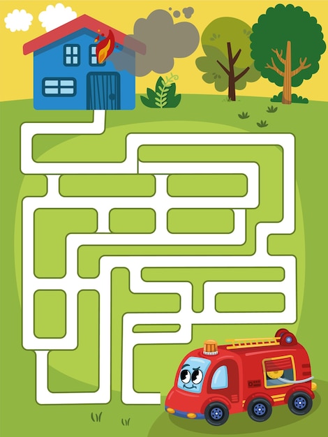 Help the fire engine to reach the burning house. Maze game for children. Vector illustration.