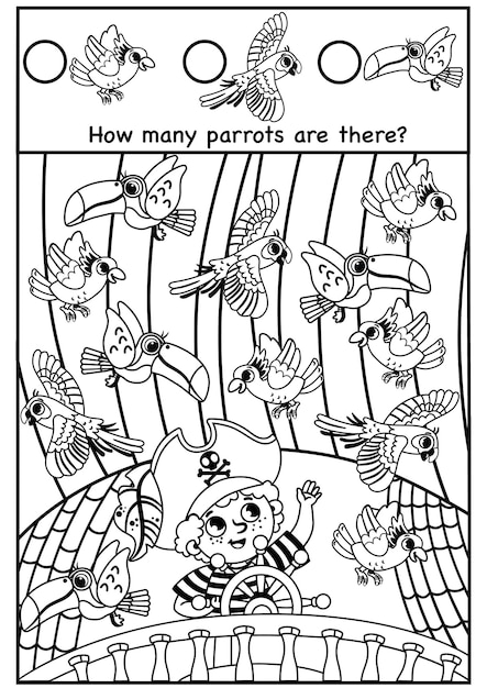 Help the little pirate to count the parrots Black and white vector illustration for kids