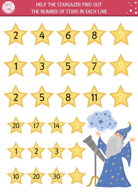 Help the stargazer find out the number of stars Continue the row game with numerals and cute fairytale character Magic kingdom logical math activity for preschool kidsxA