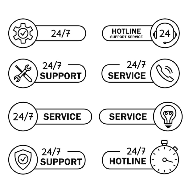 Help and Support hotline icons. Online technical support. Concept illustration for assistance, call center, virtual help service. Concept of consultation. Editable stroke. Online assistant. Vector