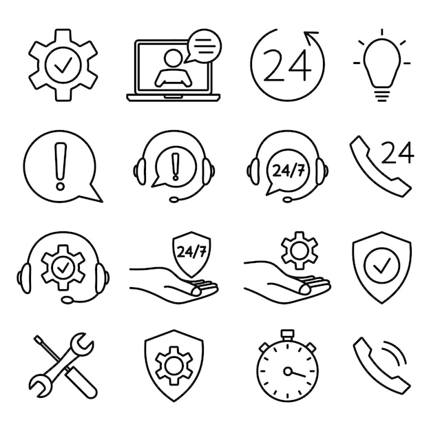 Help and support icon set. Online technical support. Concept illustration for assistance, call center, virtual help service. Support solution or advice. Vector outline