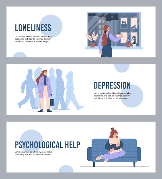 Help for women with depression and loneliness flyers flat vector illustration