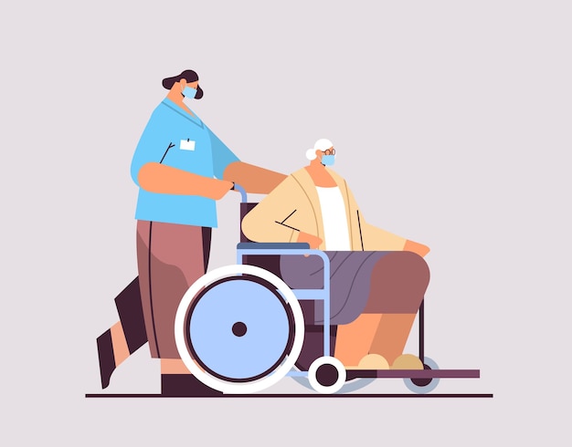 helper taking care of senior disabled patient nurse pushing wheelchair care service concept horizontal full length vector illustration