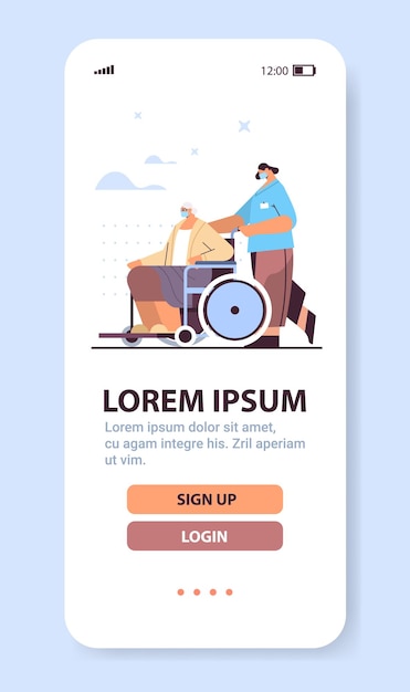 helper taking care of senior disabled patient nurse pushing wheelchair care service concept vertical full length copy space vector illustration