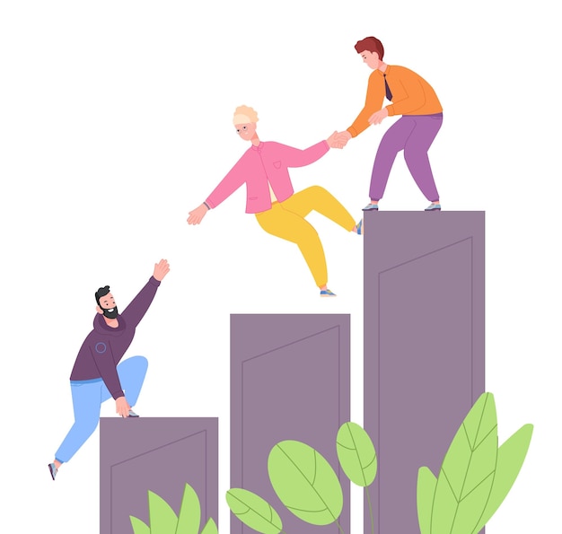 Helping growing together Support team employees growth stair business work concept community staff success teamwork climbing social ladder flat cartoon splendid vector