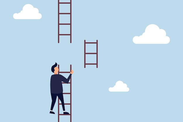 Helping hand business support to reach career target or help to climb up ladder of success concept businessman climbing up to top of broken ladder