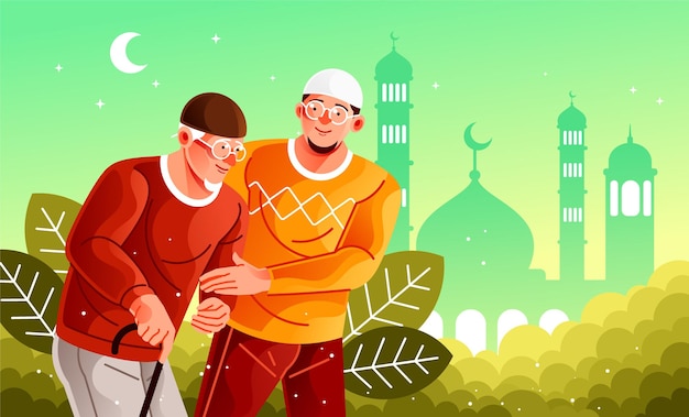 Helping Old Man Go to the Mosque Vector Illustration