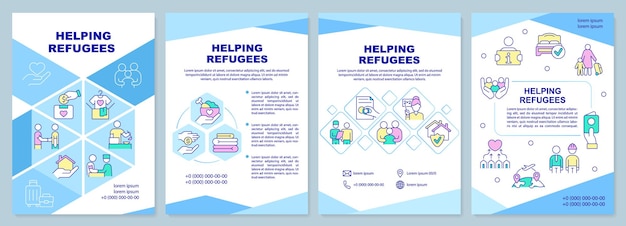 Helping refugees brochure template Support and assist asylum seekers Leaflet design with linear icons 4 vector layouts for presentation annual reports ArialBlack Myriad ProRegular fonts used