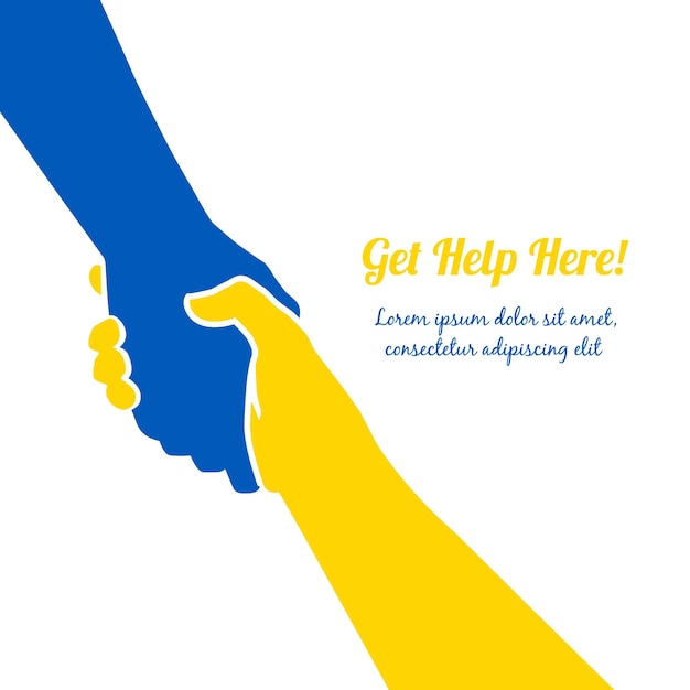 Helping Ukraine hand concept Gesture sign of help and hope logo Two hands taking each other blue yellow flag colors Support ukrainian refugees Vector illustration