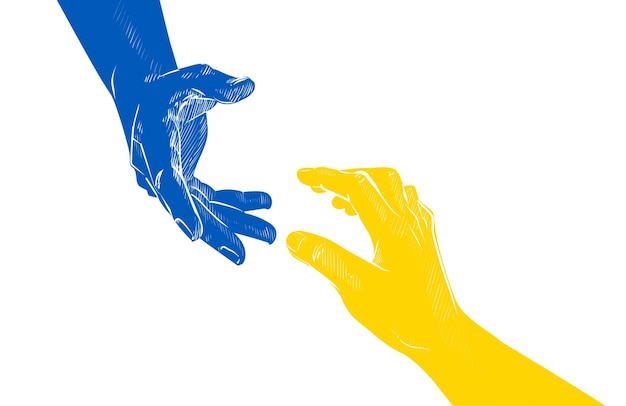 Helping Ukraine hand concept Gesture sign of help and hope logo Two hands taking each other blue yellow flag colors Support ukrainian refugees Vector illustration