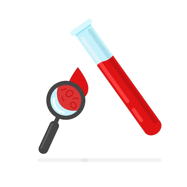 Hematology test by magnifying glass. Laboratory testing red bloody cells. Vector illustration.