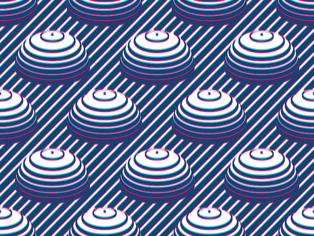 Hemispheres lined optical illusion seamless pattern, vector repeat tiling op art background, psychedelic 3D spheres and lines, wallpaper or print textile template.