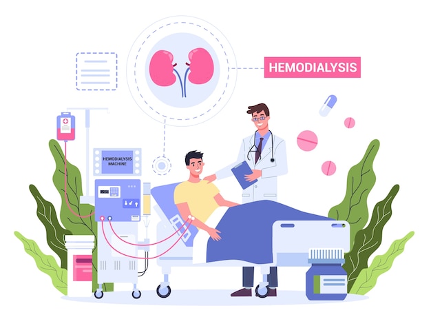 Hemodialysis for kidney treatment. Man get a kidney disease treatment. Patient in hospital with doctor having a internal injection.    